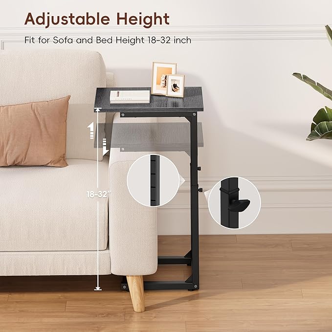 Vagusicc C-Shaped End Table for Couch, 33"Tall Side Table for Sofa, C Table End Table Adjustable Height Couch Table,TV Tray Table BesideTable Slide Under Sofa Table for Living Room,Bedroom,Gray Walnut
