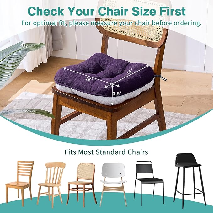 BETU Chair Cushions for Dining Chairs Set of 4,3.5" Thick Kitchen Table Chair Pads with Ties,Non Slip Backing and Covers, Seat Cushion for Dining Room,Bar,Patio Chairs,16"X16"X3.5",Dark Purple