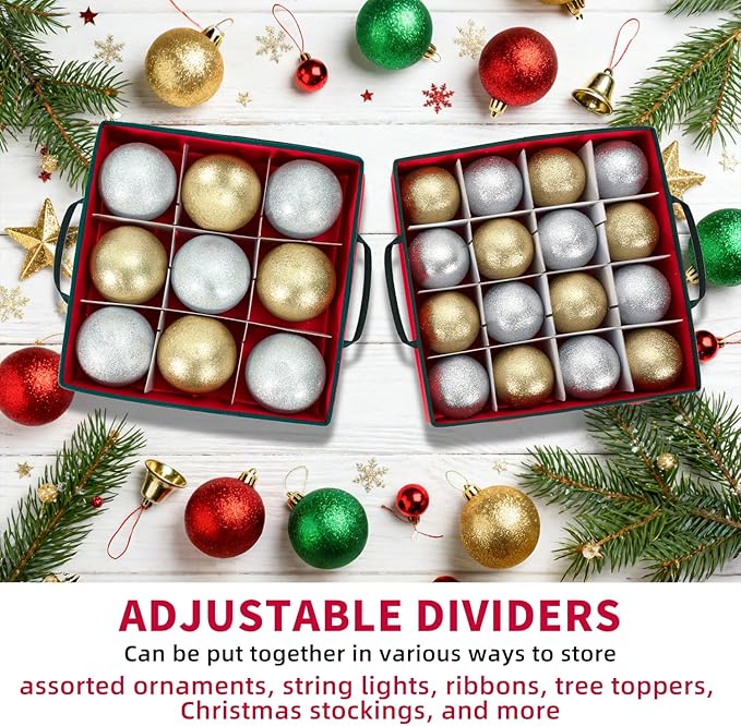 DIMESHY Large Christmas Ornament Storage Box With Adjustable Dividers,Ornament Storage Container with 8 Removable Trays for 128 Holiday Decorations,Red