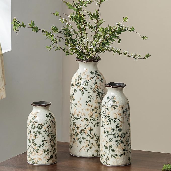 for Mom from Daughter or Son, Ceramic Vase Set of 3, Vintage Green & Beige Chinoiserie Floral Vases, Rustic Grandmillennial Farmhouse Decor for Living Room, Kitchen, Bedroom