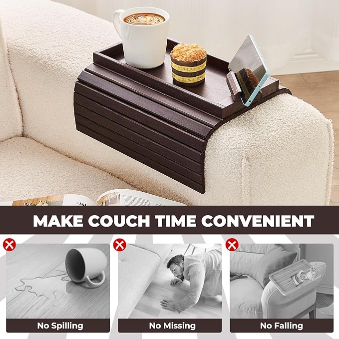 LOVYANXUE Bamboo Sofa Arm Tray, Anti Falling Couch Arm Tray Armrest Table with 360° Rotating Phone Holder, Foldable and Portable Sofa Armrest Trays Cup Holder for Drink,Cups, Phone, Snacks, Remote