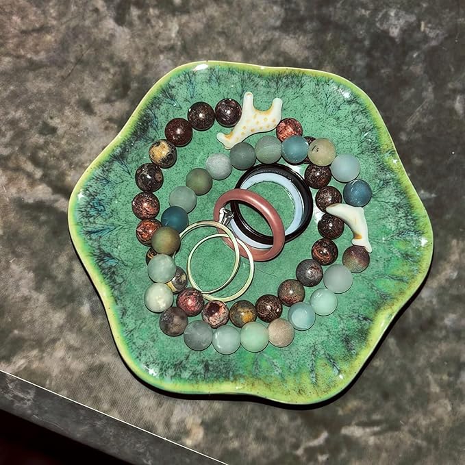 2Pcs Ceramic Jewelry Dish - Lotus Leaf Shape, for Ring Holder Necklace Small Key, Suitable for Mother Friend Sister, Gifts for Women, Cute Plate Trinket Tray, Home Decor (Crystal Green & Pink)