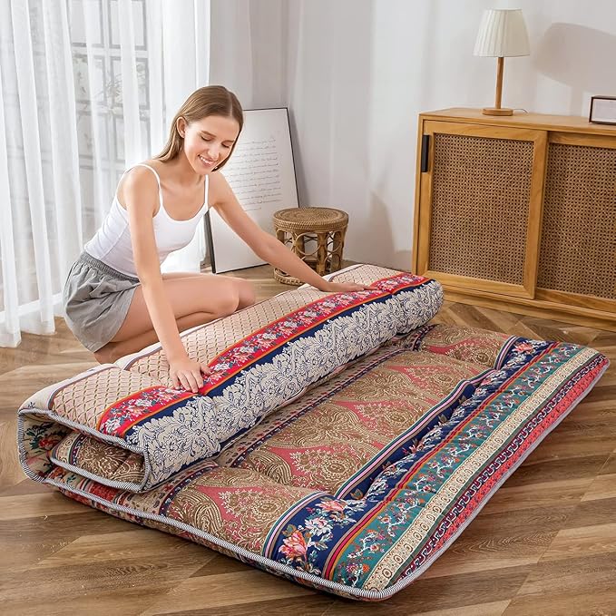 MAXYOYO Bohemian Retro Floor Mattress Vintage Floral Japanese Futon Mattress Roll Up Thicken Sleeping Mat Portable Camping Mattress Floor Lounger Couch Mattress Pad, Twin Size