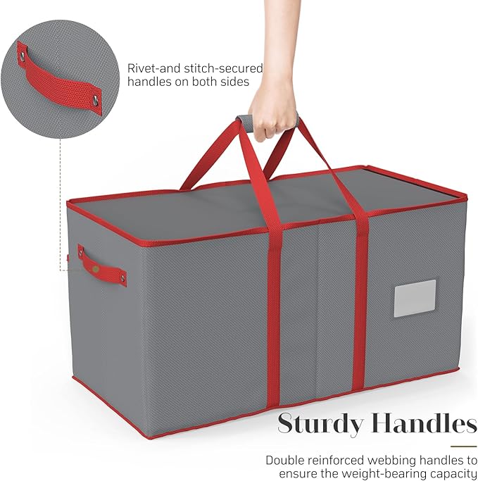 Winpull Christmas Ornament Storage Box with 8 Trays, Christmas Storage Container for 128-3'' Holiday Ornament Decorations, Large Xmas Organizer with Adjustable Dividers, Dual Zipper and Pocket (Grey)