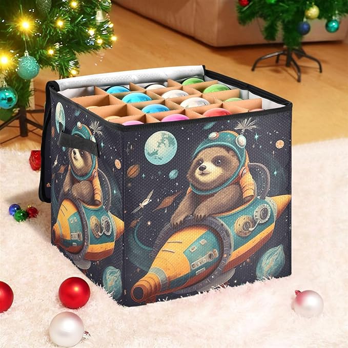 Kigai Sloth Christmas Ornament Storage Box with Zipper & Adjustable Dividers Holiday Ornament Organizer Xmas Storage Container, 64 Balls