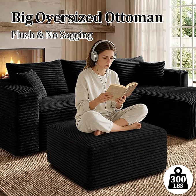 Corduroy Ottoman, Modern Boneless Cloud Foot Rest Foam Support, Oversized Modular Sectional Sofa Stool for Living Room, Bedroom & Small Spaces, No Assembly Required (Black, Ottoman) | Foam Support, Living Room Bedroom, Small Spaces, No Assembly Required