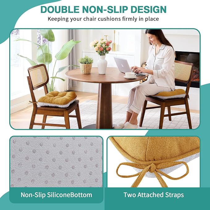 BETU Chair Cushions for Dining Chairs Set of 2,3.5" Thick Kitchen Table Chair Pads with Ties,Non Slip Backing and Covers, Seat Cushion for Dining Room,Bar,Patio Chairs,16"X16"X3.5",Yellow