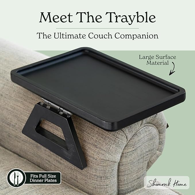 Shamrock Home Bamboo Trayble Couch Arm Table, Clip On Tray Sofa Table for Couches. Sofa Arm Tray for TV Dinners, Remotes, Drinks, Snacks and Small Spaces - 13.75 x 9.5inch, Black