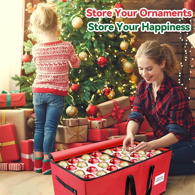 Christmas Ornament Storage Box, Ornament Storage Container with 8 Trays, Xmas Decoration Organizer Holds Up to 128 Decoration Balls, Durable 600D Oxford Material（Red）