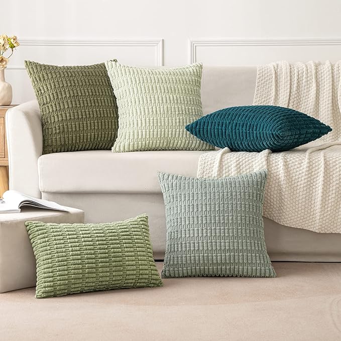MIULEE Pack of 2 Spring Corduroy Decorative Throw Pillow Covers 18x18 Inch Soft Boho Striped Pillow Covers Modern Farmhouse Home Decor for Summer Sofa Living Room Couch Bed Greyish Green