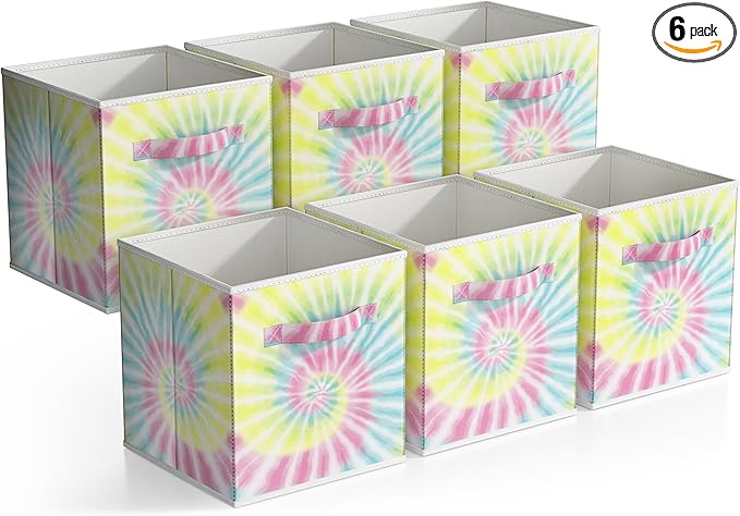 Sorbus 11 Inch Fabric Storage Cubes - Sturdy Collapsible Storage Bins & Handle - 6 Foldable Baskets for Organizing Clothes - Multi Colored Storage Baskets for Shelves (Light Tie-dye, 11 Inch)