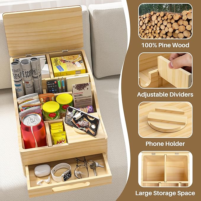 Couch Caddy with Cup Holders, Multi-Use Sofa Table with Flip Top Push-Pull Drawer, Sturdy Pine Wood Hold Hands Couch Cup Holder for Car, Living Room, Bedroom, Vanity