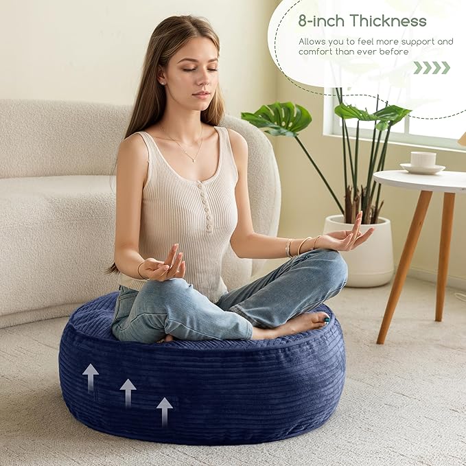 HIGOGOGO 8" Extra Thick Floor Pillow Cushion for Adults, Meditation Cushion Pillow, Large Round Floor Sitting, Tufted Corduroy Cover, for Tatami Living Room or Yoga, 22x22 Inch, 2Pack, Navy