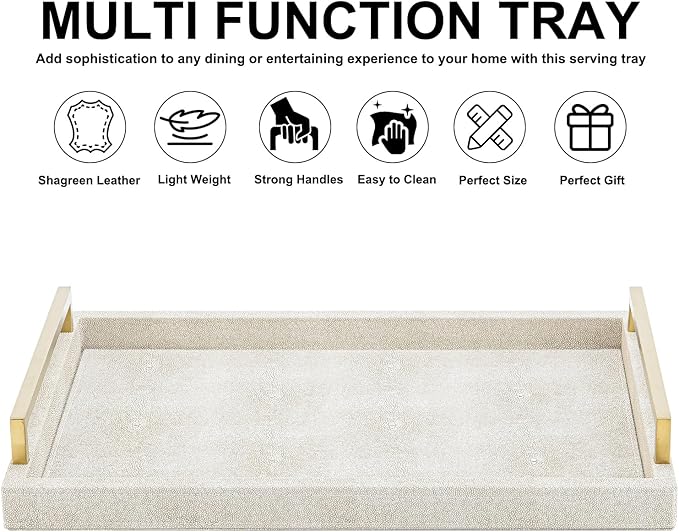 XIGEXIGE Ivory Shagreen Decorative Tray Large Rectangle Coffee Table Tray for Ottoman Faux Leather Serving Tray with Brushed Gold Handles