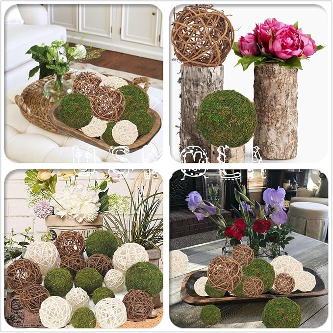 USMOLA 18Pcs Decorative Balls for Centerpiece Bowl - 6Pcs Fake Moss Balls + 12Pcs Rattan Wicker Balls, Artificial Moss Decorative Balls Vase Fillers for Home Garden Wedding Party Decor (Rustic)