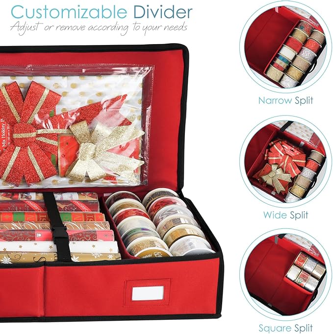Hearth & Harbor Wrapping Paper Storage Container and Clear Wrap Paper Holder - Christmas Storage Bag with Interior Pockets - Fits Up to 36 Rolls of 40" - Tear Proof, Red