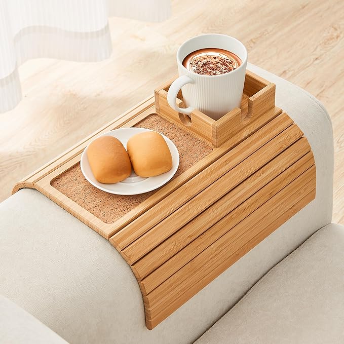 LOVYANXUE Bamboo Couch Cup Holder, Foldable Sofa Arm Tray, Anti-Slip Couch Aremrest Tray Table for Drink, Cup, Remote, Snacks, Cellphone, Portable, Bamboo/Cork Color