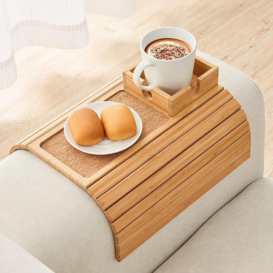 LOVYANXUE Bamboo Couch Cup Holder, Foldable Sofa Arm Tray, Anti-Slip Couch Aremrest Tray Table for Drink, Cup, Remote, Snacks, Cellphone, Portable, Bamboo/Cork Color