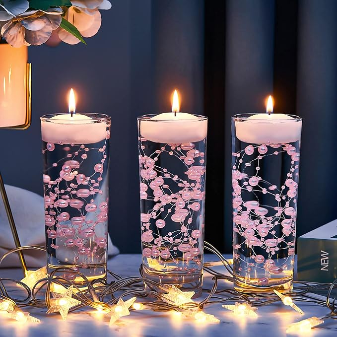 Tondiamo 24 Pcs Artificial Pearl String for Floating Candle Faux Pearls Beads String Garland Centerpiece Decoration for Vases Filler Wedding Spring Holiday Party Decor(Pink)