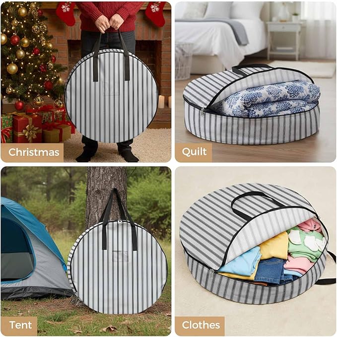 30 Inch Round Storage Bag 1 Pack,Grey White Stripes Modern Minimalism Waterproof Wreath Storage Container with Handles&Zipper Geometric Striped Art Closet Organizer Bags Garland Box