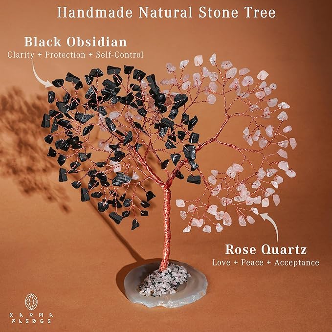 Handmade Healing Crystal Tree of Life Black Obsidian & Rose Quartz Chakra Tree for Money, Good Luck, Feng Shui Home Decor, Living Room Office Deocration, Unique Birthday Gifts for Women, Men, Mom
