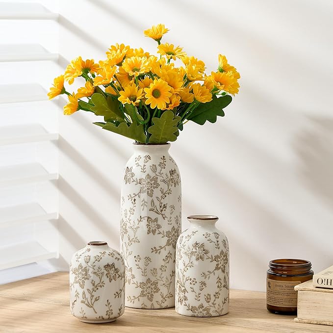 Ceramic Flower Decorative Antique Vase Set of 3, Vintage Rustic Chinoiserie Floral Vase for Home Decor, Living Room, Bookshelf, Office, Entryway, Garden, Chinoiserie Decor, Tuscan Decor