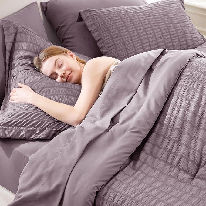 CozyLux Oversized King Comforter Set Dusty Purple Seersucker 7 Pieces 120x98 Bed in a Bag Comforter Set with Sheets, Grayish Purple Bedding Set Down Alternative Comforter, Sheets, Pillowcases & Shams