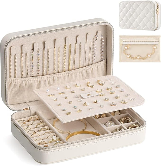 Lolalet Travel Jewelry Case for Women Girls, PU Leather Jewelry Organizer with Clear Storage Bag Small Portable Jewelry Box for Necklace Bracelet Earring Ring Mothers Day Birthday Gifts -Large/Beige
