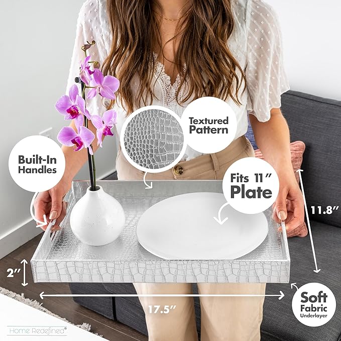 Home Redefined 17.5"x12" Silver Glossy Crocodile Faux Leather Serving Tray Beautiful Modern Elegant Decorative Tray with Handles Ottoman Coffee Table Ottoman Perfume Makeup Display for All Occasion's