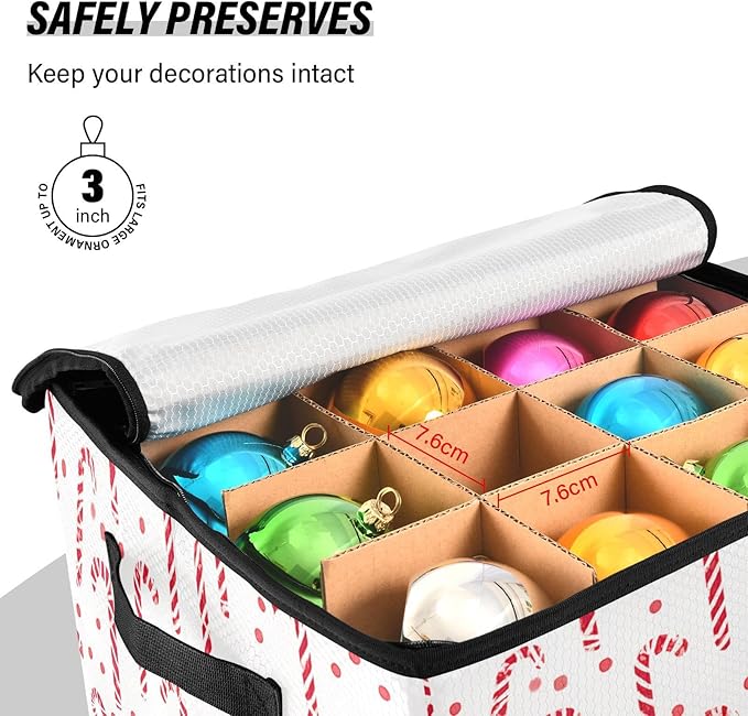 Christmas Ornament Storage Basket Box Red White Candy Cane Holiday Storage Container Cube with Adjustable Dividers for 64 Holiday Ornaments or Decorations Keeps Clean and Dry for Next Season