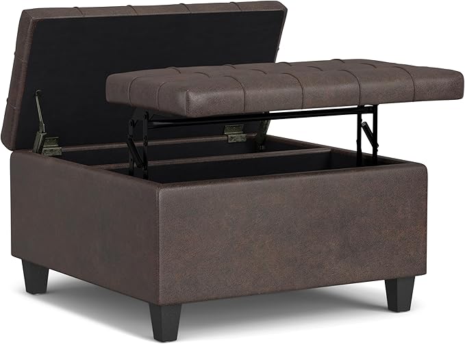 SIMPLIHOME Harrison Small Coffee Table Storage Ottoman - 30 inch Wide Upholstered Vegan Leather Square Lift-Top Ottoman in Distressed Brown, Transitional Ottoman for Living Room with Hidden Storage