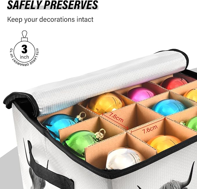 Kigai Highland Cow Christmas Ornament Storage Box with Zipper & Adjustable Dividers Holiday Ornament Organizer Xmas Storage Container, 64 Balls
