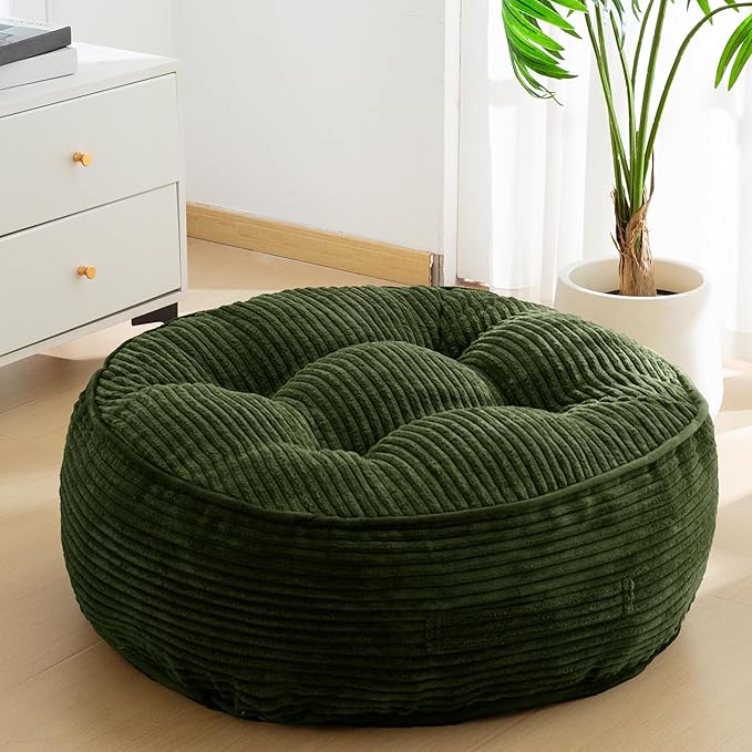 HIGOGOGO 8" Extra Thick Floor Pillow Cushion for Adults, Meditation Cushion Pillow, Large Round Floor Sitting, Tufted Corduroy Cover, for Tatami Living Room or Yoga, 22x22 Inch, Dark Green