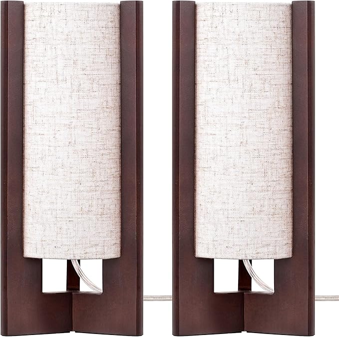 EDISHINE 13.5" Small Table Lamps, Walnut Wood Cylinder Bedside Lamp for Bedroom, Beige Linen Shade, Corner Modern Nightstand Lamp for Living Room, On-Off Switch, E26 Base (Bulb Not Included), 2Pack