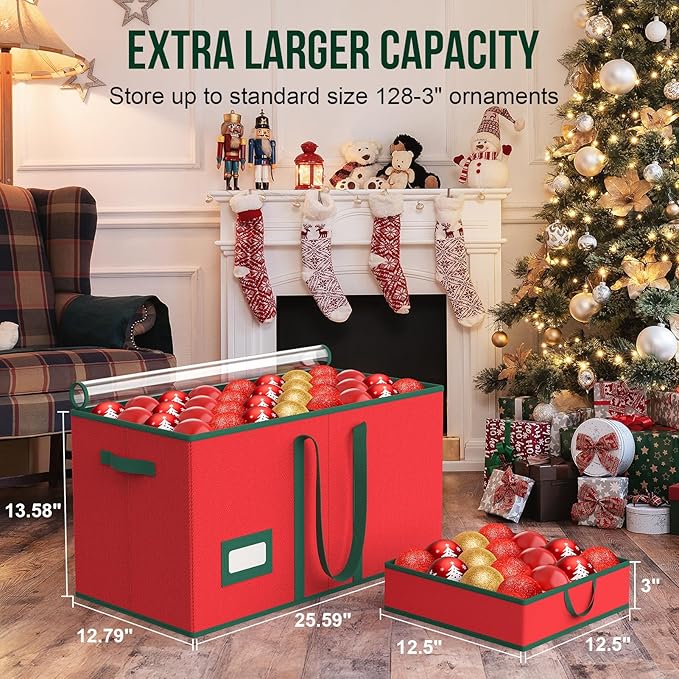 Christmas Ornament Storage Box Store 128 Ornaments, Xmas Ornament Organizer Storage box with Dual Zipper Closure and Adjustable Dividers, Large Holiday Decorations Containers with 8 Individual Trays