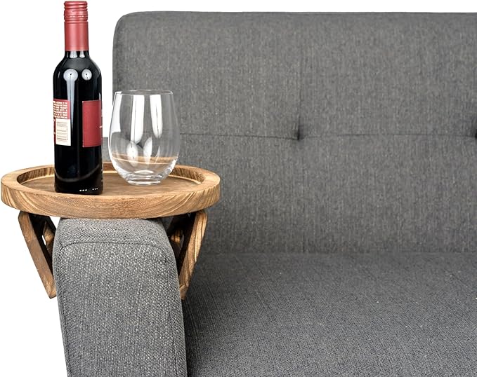 Couch Arm Table Tray – Sofa Armrest Tray Table in Paulownia Wood, Non-Slip Spring-Loaded Fit for Most Couch Arms, Holds Drinks, Remote, Phone | Rustic Brown