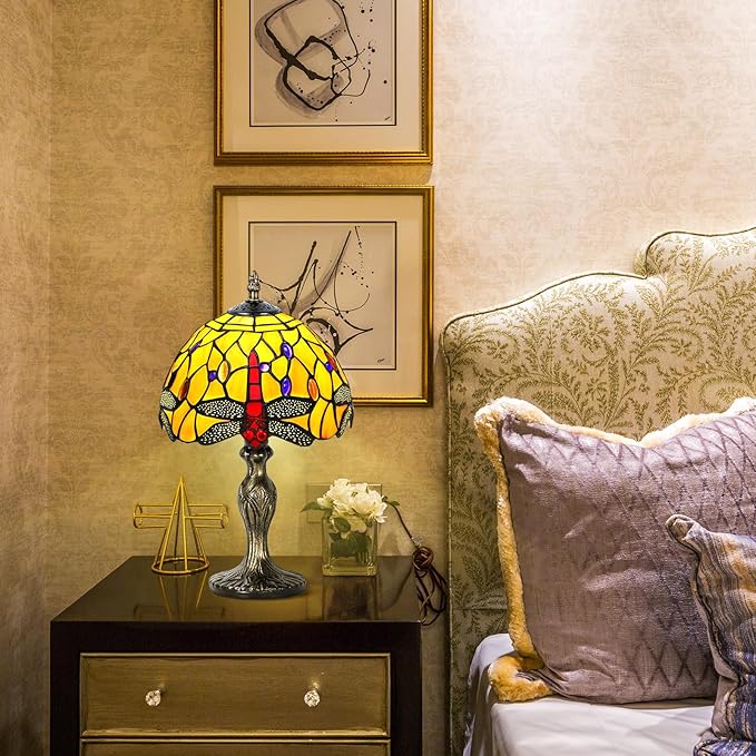 MIAOKE Stained Glass Table Lamp,Stained Glass Crystal Bead Style Table Light,Handmade Desk Bedside Night Light,Antique Art Craft Gifts Lover Living Room Bedroom Bookcase (Orange Dragonfly)