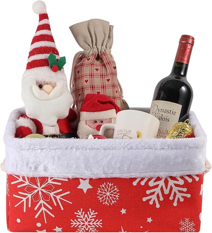 INough Christmas Ornament Storage Box Holiday Decoration Organizer, Christmas Basket for Kids Large Gifts Baskets Empty with Handles Santa Sack with Drawstring (Medium, Snowflake)
