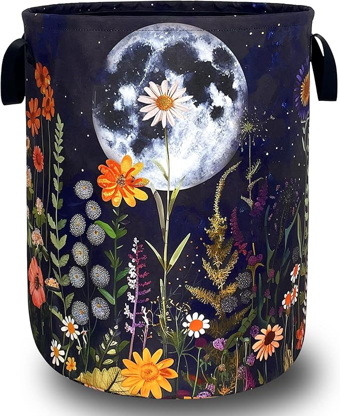 Moon Colorful Flowers Laundry Basket Oxford Cloth Beautiful Floral Laundry Hamper With Handle Foldable Portable Clothes Storage Basket Moon Laundry Bag 18.9"x16.5" For Laundry Room/Bedroom/Bathrooms