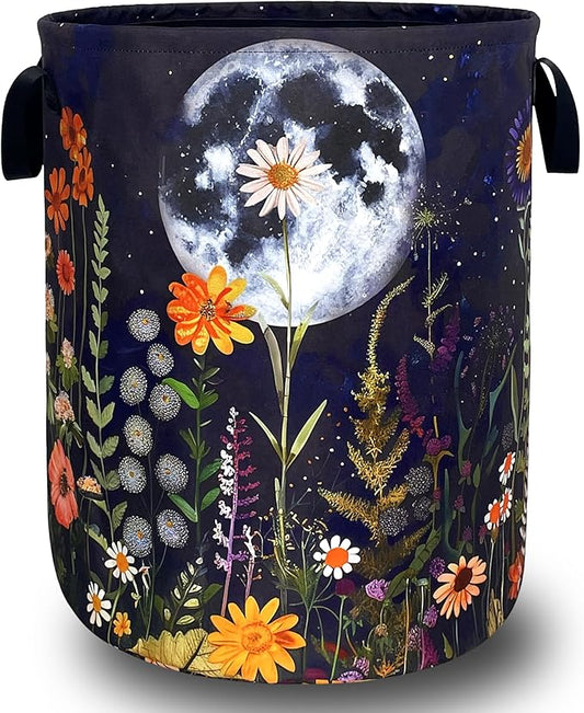 Moon Colorful Flowers Laundry Basket Oxford Cloth Beautiful Floral Laundry Hamper With Handle Foldable Portable Clothes Storage Basket Moon Laundry Bag 18.9"x16.5" For Laundry Room/Bedroom/Bathrooms