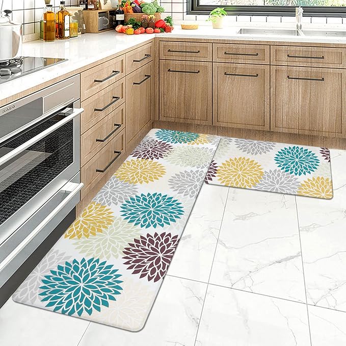 HEBE Anti Fatigue Kitchen Rugs Sets of 2, Non Slip Kitchen Mats for Floor, Waterproof Cushioned Comfort Standing Carpet for Kitchen Sink, Home Office, Laundry Room, Colorful