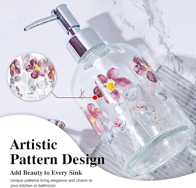 17oz Glass Soap Dispenser with Plastic Pump for Kitchen and Bathroom, Refillable Liquid Clear Bottle for Dish Soap & Hand Soap(Flower)