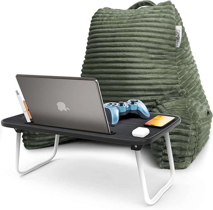 Nestl Olive Green Reading Pillow with Bed Desk for Laptop and Writing, Luxe Cut Plush Back Pillow for Sitting Up, Back and Arms Adjustable Support for Adult and Teens, Foldable Lap Desk for Bed 22x14”