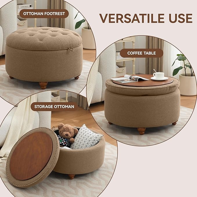 WUTUTUEE 30Inch Round Storage Ottoman with Tray, Modern Tufted Fabric Circle Coffee Table with Storage, Upholstered Ottoman with Removable Top for Living Room, Bedroom, Brown