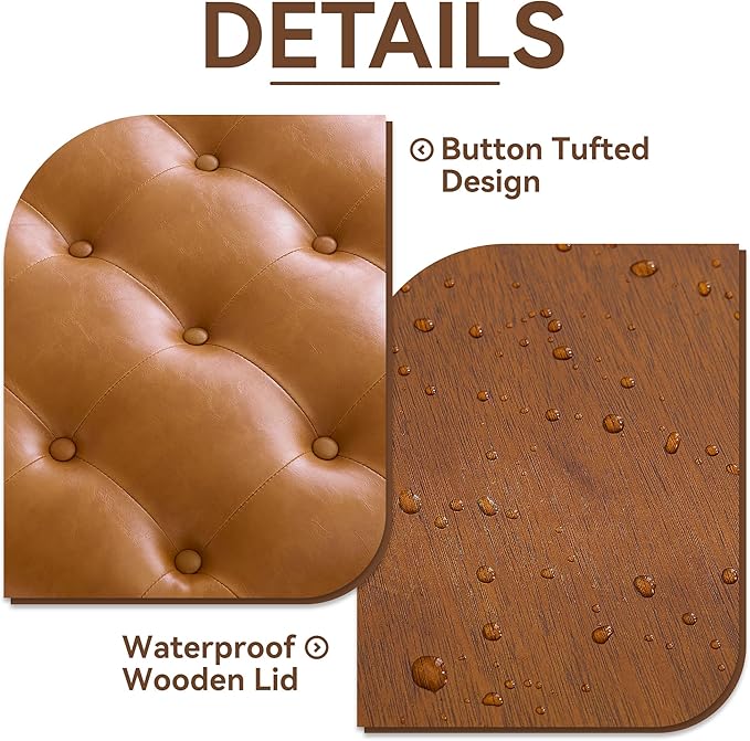 WUTUTUEE 30Inch Round Storage Ottoman with Tray, Modern Tufted Leather Circle Coffee Table with Storage, Upholstered Ottoman with Removable Top for Living Room, Bedroom, Leather Brown
