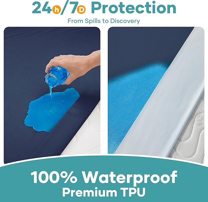 OhGeni 100% Waterproof Mattress Protector, Fitted Sheet with Deep Pockets, Premium Noiseless Breathable Soft Material, Mattresses Cover for Bed, Navy Blue, King
