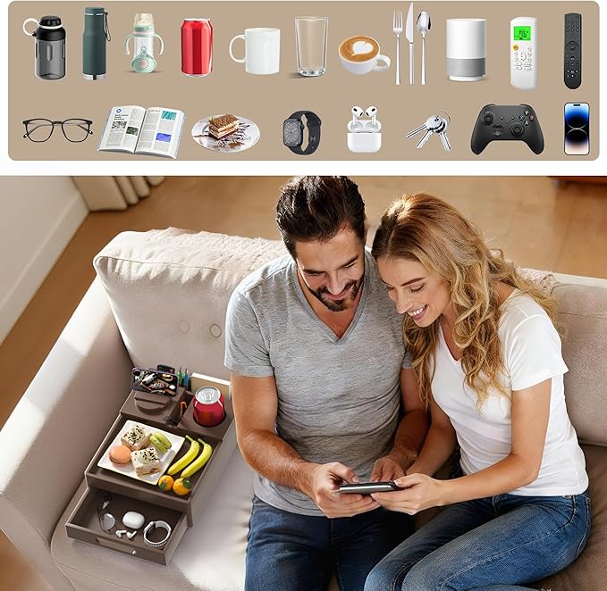 Couch Cup Holder Tray, 7-in-1 Couch Caddy Tray, Sofa Side Table with Push-Pull Drawer to Organize and Store Small Objects, 360°Swivel Phone Holder, for Drinks, Cups, Snacks, Remote（Chestnut）