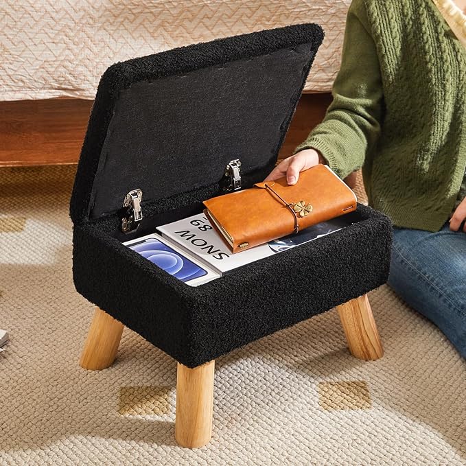 YMYNY Storage Ottoman, Footstool, Small Foot Stool with Sturdy Wood Legs Stool, Foot Rest with Padded Seat, for Living Room Bedroom Couch Enterway 15.75''D×11.81" W×11.02" H Black UHBD042B