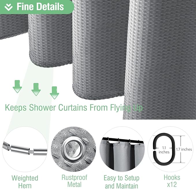 Dynamene Long Fabric Shower Curtain - 78 inch Long Waffle Weave Weighted Cloth Shower Curtains for Bathroom, Neutral Heavy Duty Hotel Spa Luxury Bath Curtain Set with 12 Plastic Hooks,72x78, Grey