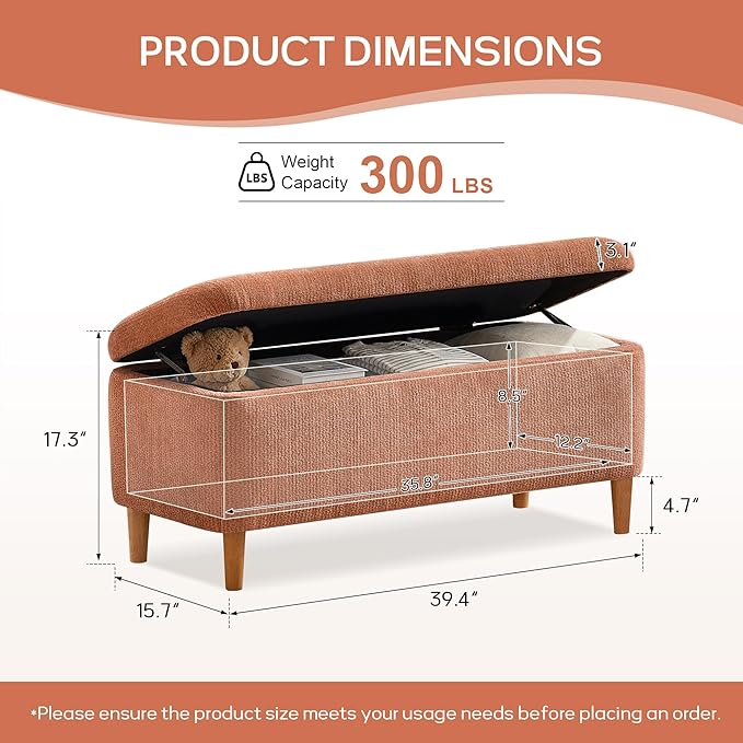 39.4”Ottoman with Storage,Upholstered Comfy Storage Bench Ottoman with Wooden Legs,End of Bed Bench Footstool for Hallway Entryway Bedroom Living Room Orange
